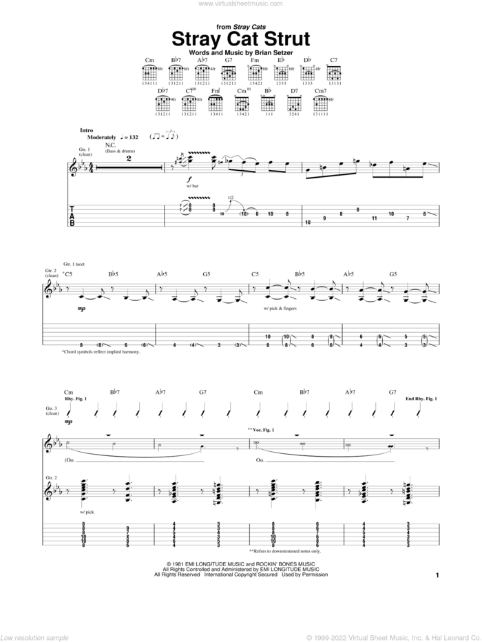 Stray Cat Strut sheet music for guitar (tablature) by Stray Cats and Brian Setzer, intermediate skill level