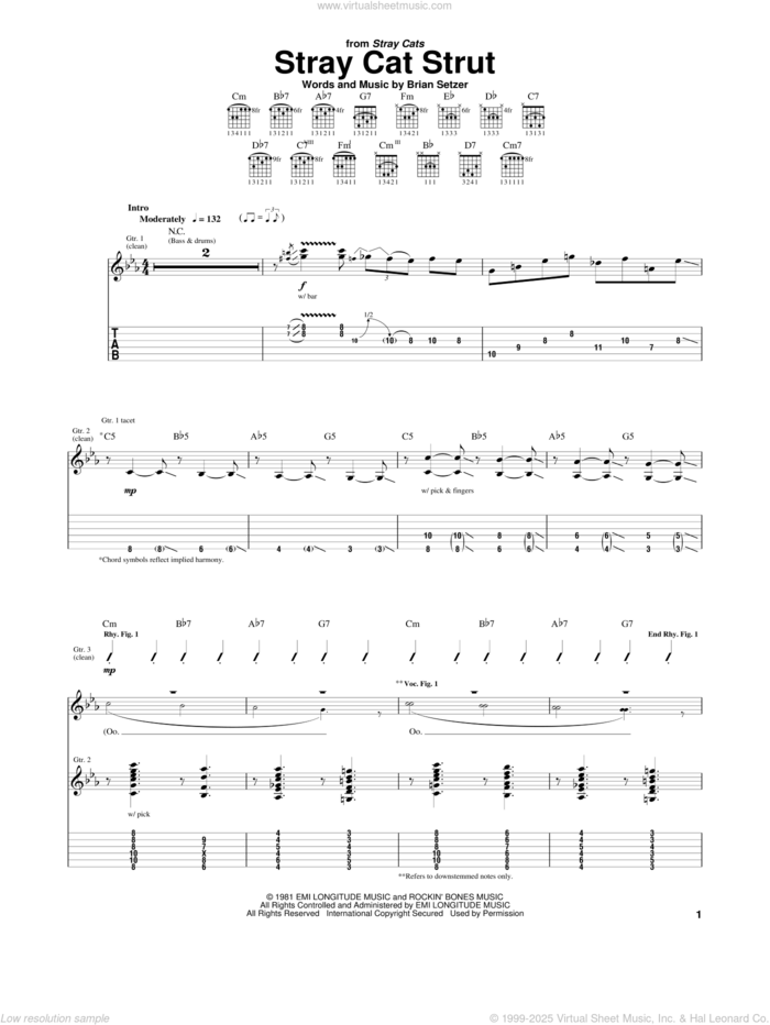 Stray Cat Strut sheet music for guitar (tablature) by Stray Cats and Brian Setzer, intermediate skill level