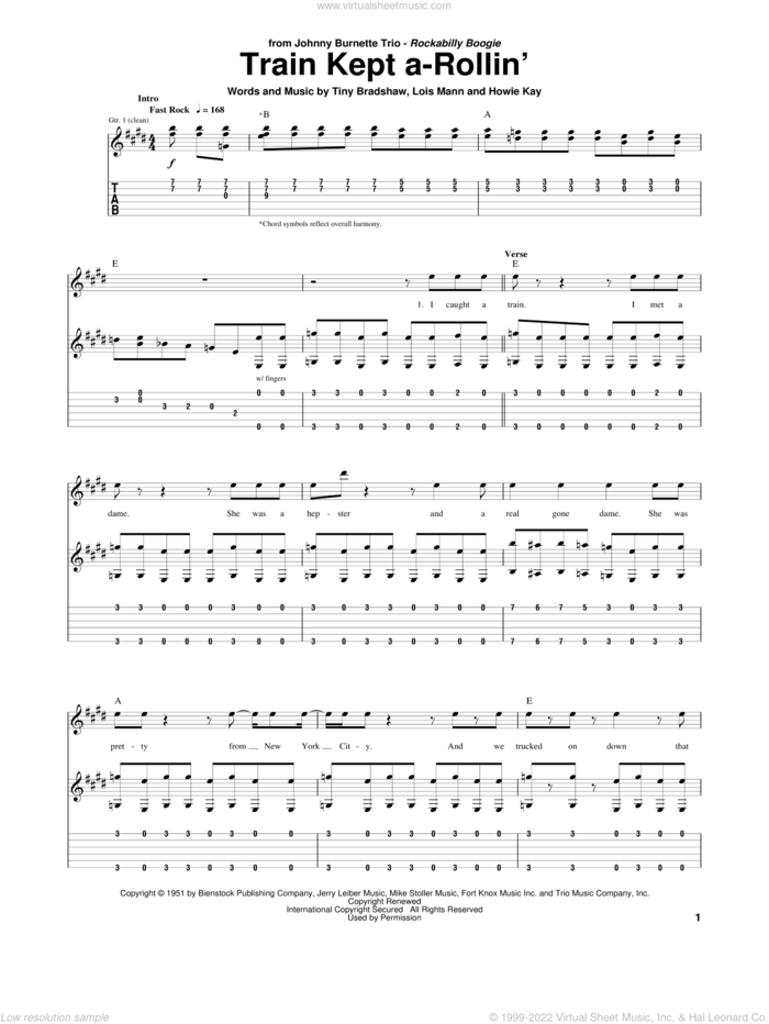 Train Kept A-Rollin' sheet music for guitar (tablature) by Johnny Burnett, Aerosmith, The Yardbirds, Howie Kay, Lois Mann and Tiny Bradshaw, intermediate skill level