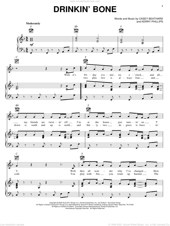 Drinkin' Bone sheet music for voice, piano or guitar by Tracy Byrd, Casey Beathard and Kerry Kurt Phillips, intermediate skill level