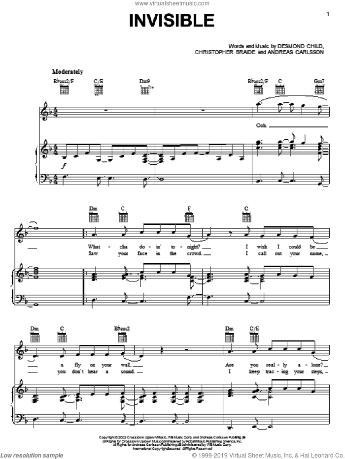 Invisible sheet music for voice, piano or guitar by Clay Aiken, American Idol, Andreas Carlson, Chris Braide and Desmond Child, intermediate skill level
