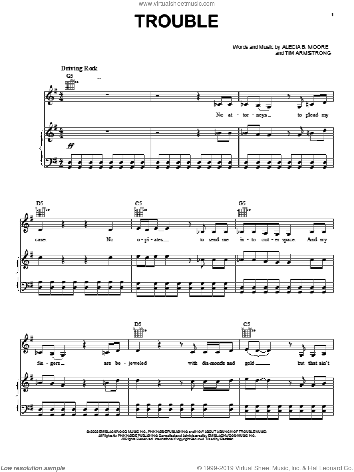 Trouble sheet music for voice, piano or guitar , The Princess Diaries 2: Royal Engagement (Movie), Alecia Moore and Tim Armstrong, intermediate skill level