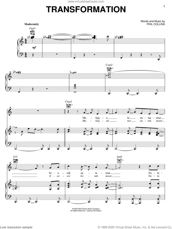 Transformation sheet music for voice, piano or guitar by Phil Collins and Brother Bear (Movie), intermediate skill level