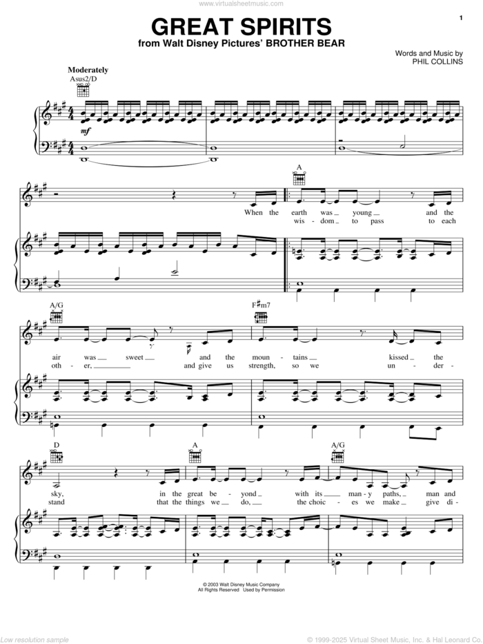 Great Spirits sheet music for voice, piano or guitar by Phil Collins and Brother Bear (Movie), intermediate skill level