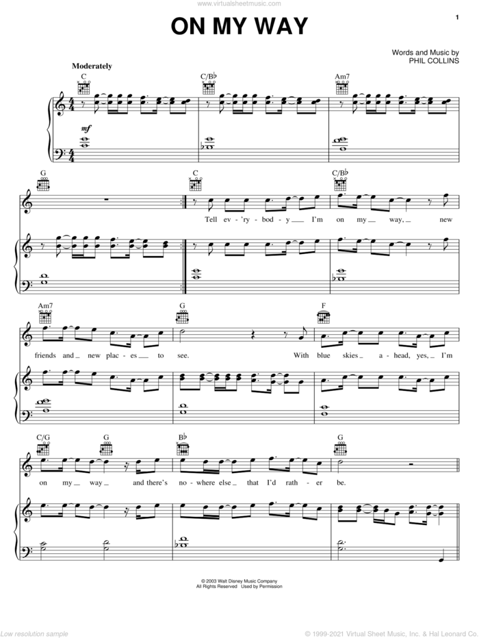 On My Way sheet music for voice, piano or guitar by Phil Collins and Brother Bear (Movie), intermediate skill level