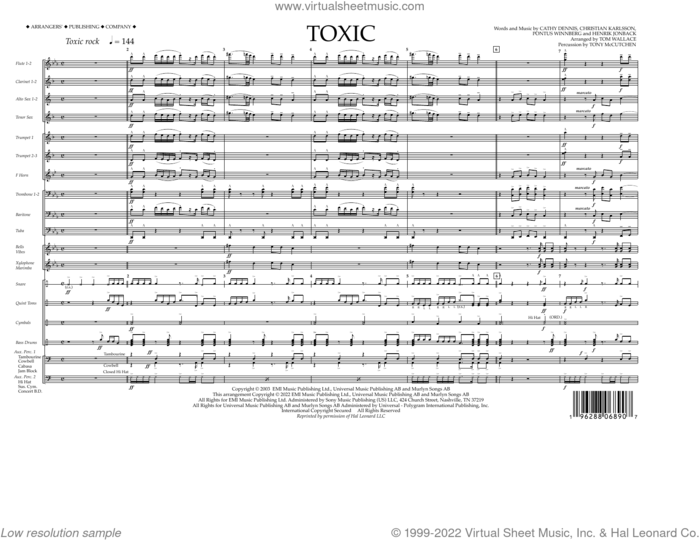 Toxic (arr. Tom Wallace) (COMPLETE) sheet music for marching band by Britney Spears, Cathy Dennis, Christian Karlsson, Henrik Jonback, Pontus Winnberg, Tom Wallace and Tony McCutchen, intermediate skill level