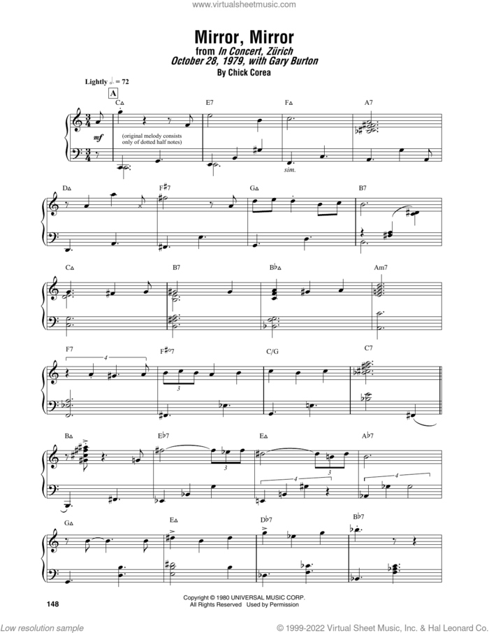 Mirror, Mirror sheet music for piano solo (transcription) by Chick Corea, intermediate piano (transcription)