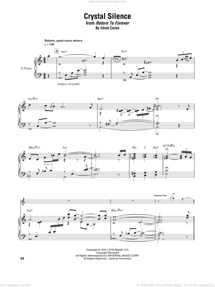 Crystal Silence sheet music for piano solo (transcription) by Chick Corea and Neville Potter, intermediate piano (transcription)