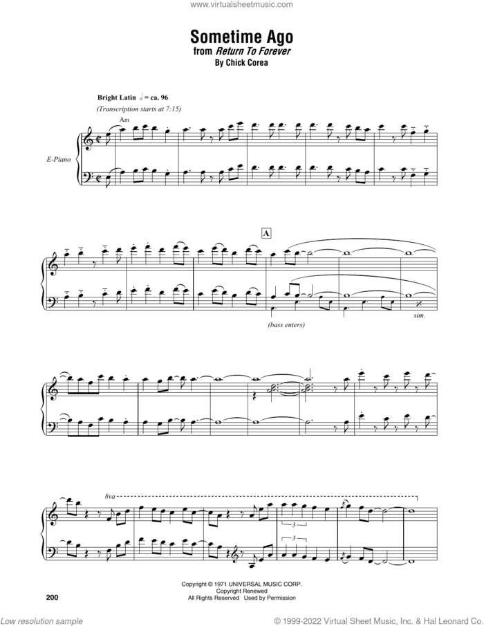 Sometime Ago sheet music for piano solo (transcription) by Chick Corea, intermediate piano (transcription)