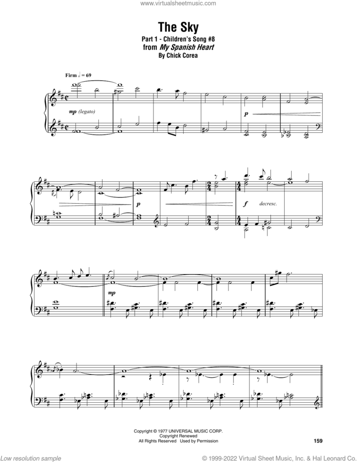 The Sky (Part 1 - Children's Song #8) sheet music for piano solo (transcription) by Chick Corea, intermediate piano (transcription)