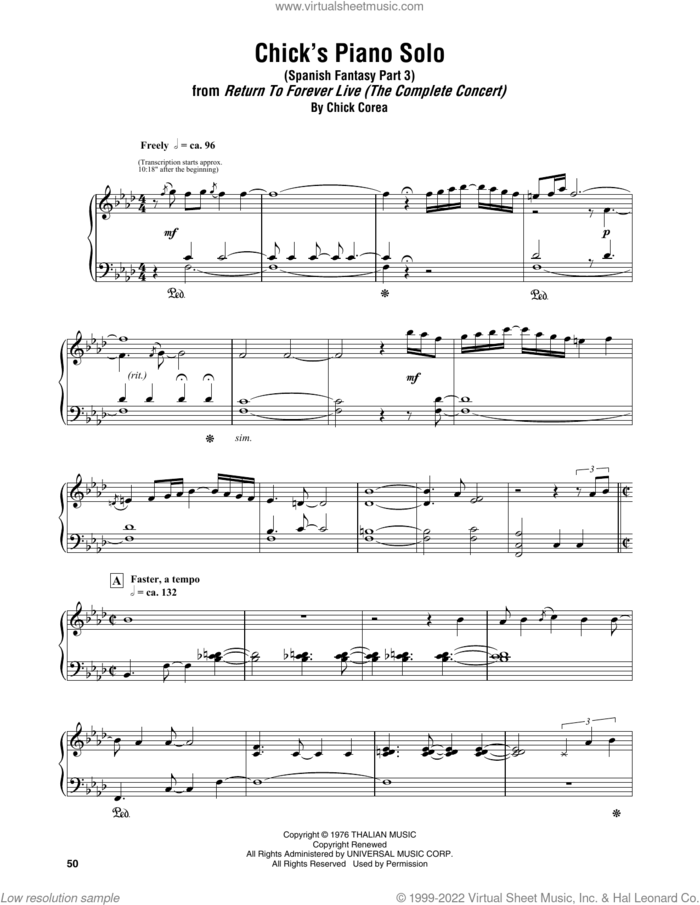 Chick's Piano Solo (Spanish Fantasy Part 3) sheet music for piano solo (transcription) by Chick Corea, intermediate piano (transcription)
