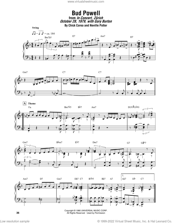Bud Powell sheet music for piano solo (transcription) by Chick Corea and Neville Potter, intermediate piano (transcription)