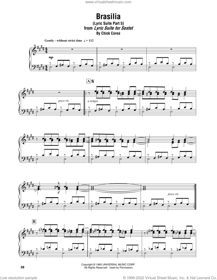 Brasilia (Lyric Suite Part 5) sheet music for piano solo (transcription) by Chick Corea, intermediate piano (transcription)