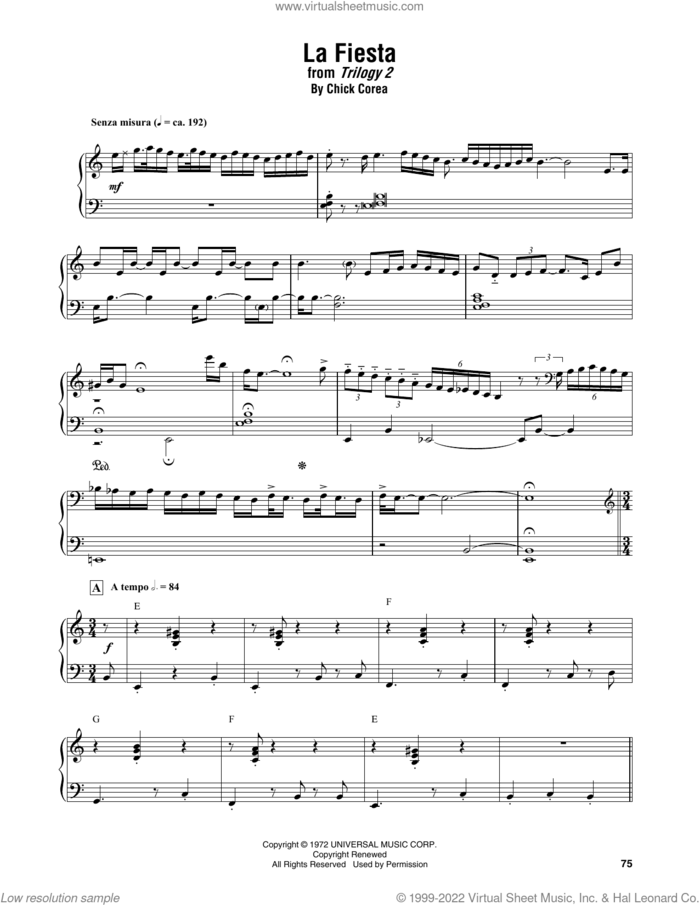 La Fiesta sheet music for piano solo (transcription) by Chick Corea, intermediate piano (transcription)