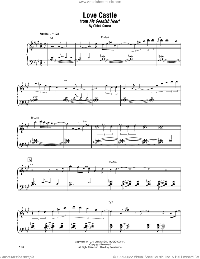 Love Castle sheet music for piano solo (transcription) by Chick Corea, intermediate piano (transcription)