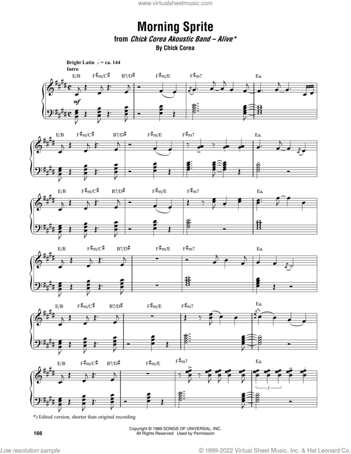 Morning Sprite sheet music for piano solo (transcription) by Chick Corea, intermediate piano (transcription)