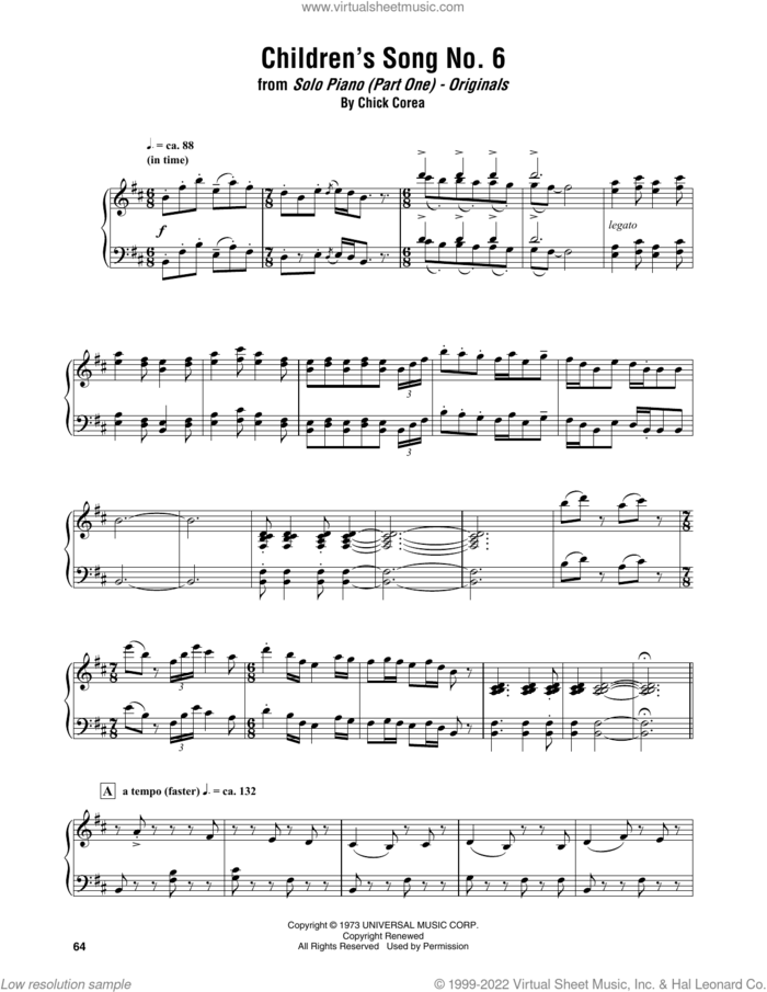 Children's Song No. 6 sheet music for piano solo (transcription) by Chick Corea, intermediate piano (transcription)