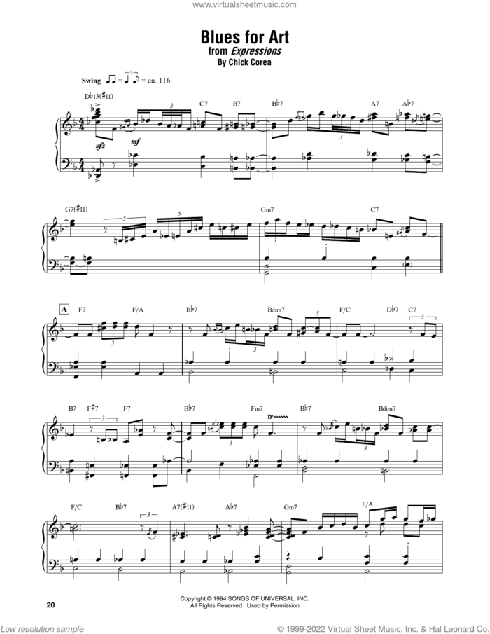 Blues For Art sheet music for piano solo (transcription) by Chick Corea, intermediate piano (transcription)