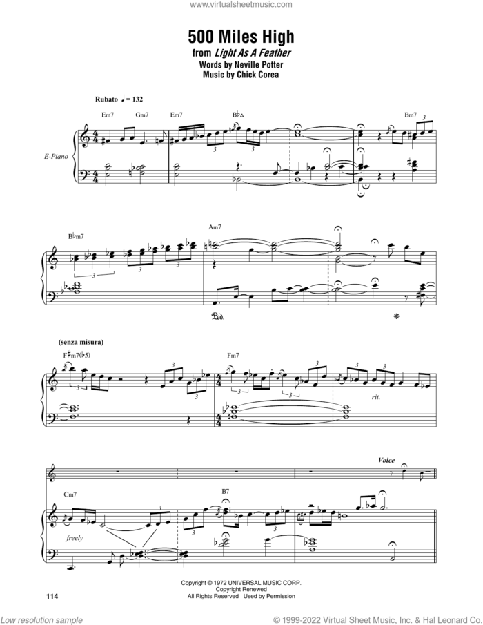 500 Miles High sheet music for piano solo (transcription) by Chick Corea Elektric Band, Chick Corea and Neville Potter, intermediate piano (transcription)