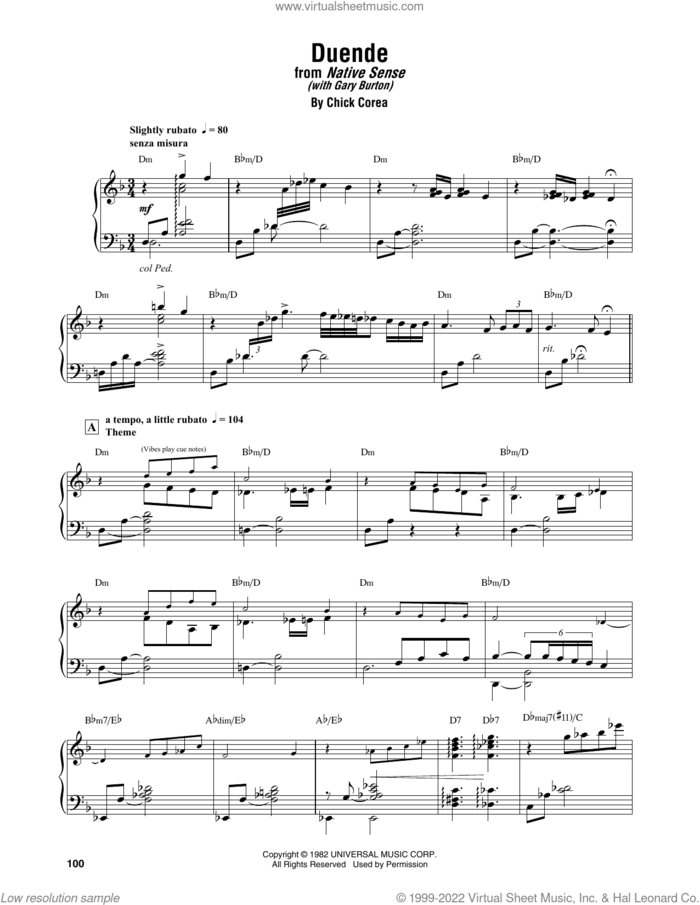 Duende (with Gary Burton) sheet music for piano solo (transcription) by Chick Corea, intermediate piano (transcription)