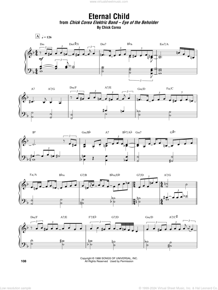 Eternal Child sheet music for piano solo (transcription) by Chick Corea Elektric Band and Chick Corea, intermediate piano (transcription)