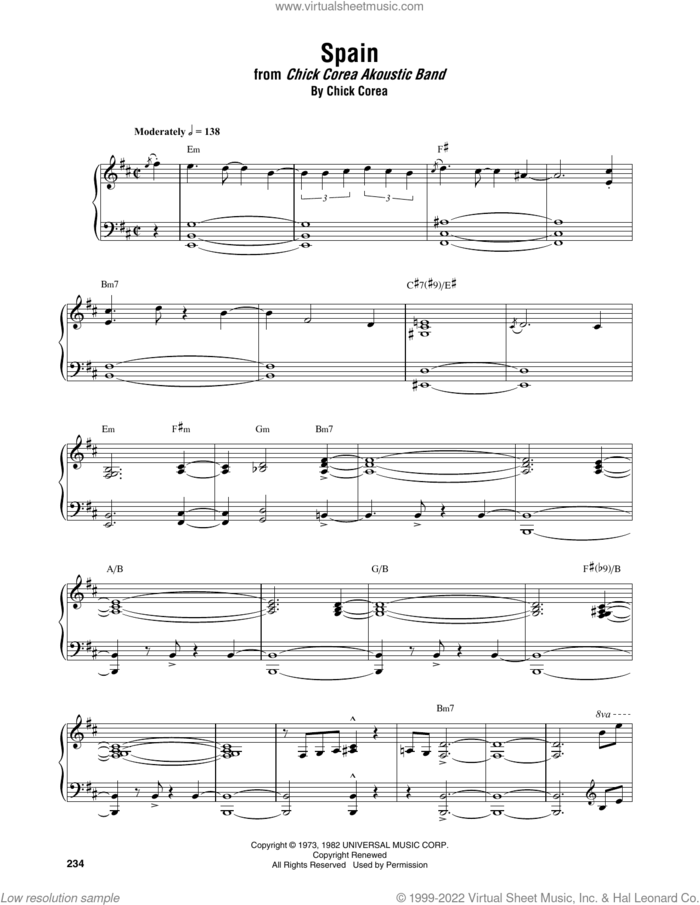 Spain sheet music for piano solo (transcription) by Chick Corea, intermediate piano (transcription)