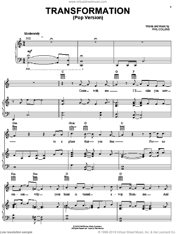Transformation (Pop Version) sheet music for voice, piano or guitar by Phil Collins and Brother Bear (Movie), intermediate skill level
