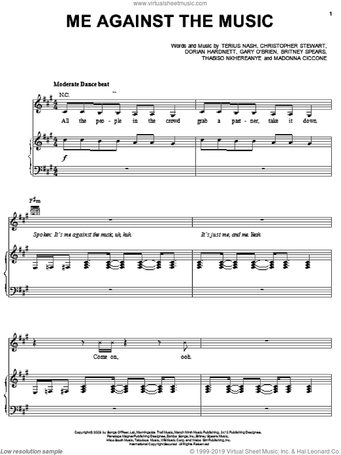 Me Against The Music sheet music for voice, piano or guitar by Britney Spears, Madonna, Christopher Stewart, Dorian Hardnett and Terius Nash, intermediate skill level