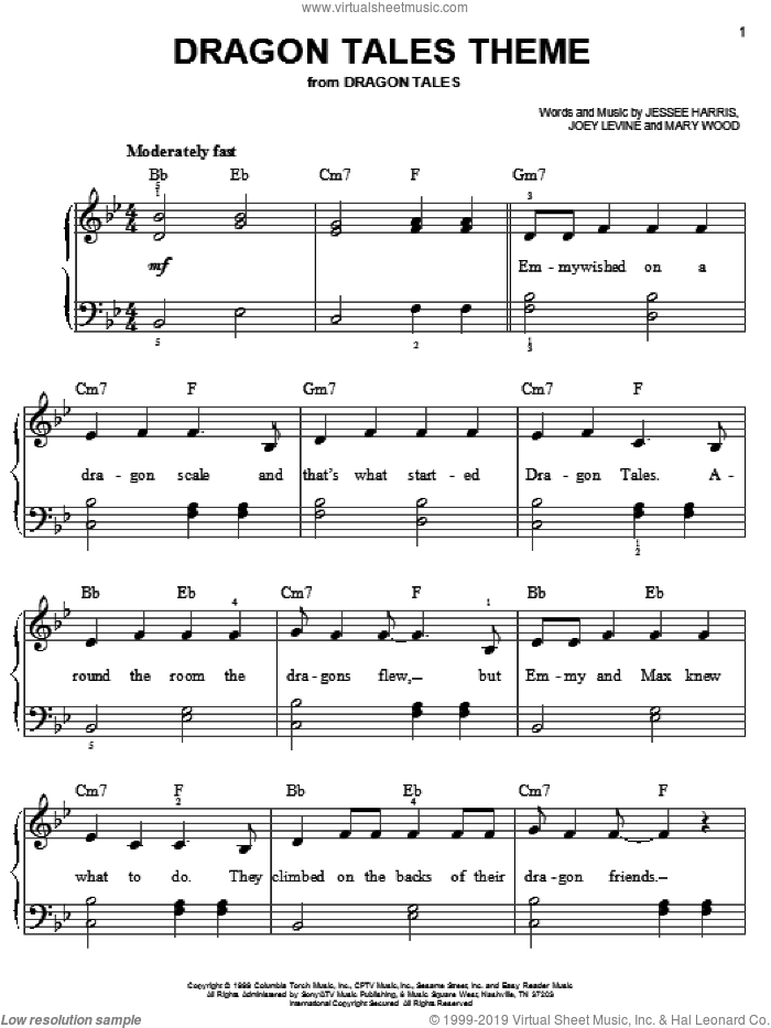 Dragon Tales Theme sheet music for piano solo by Jessee Harris, Joey Levine and Mary Wood, easy skill level