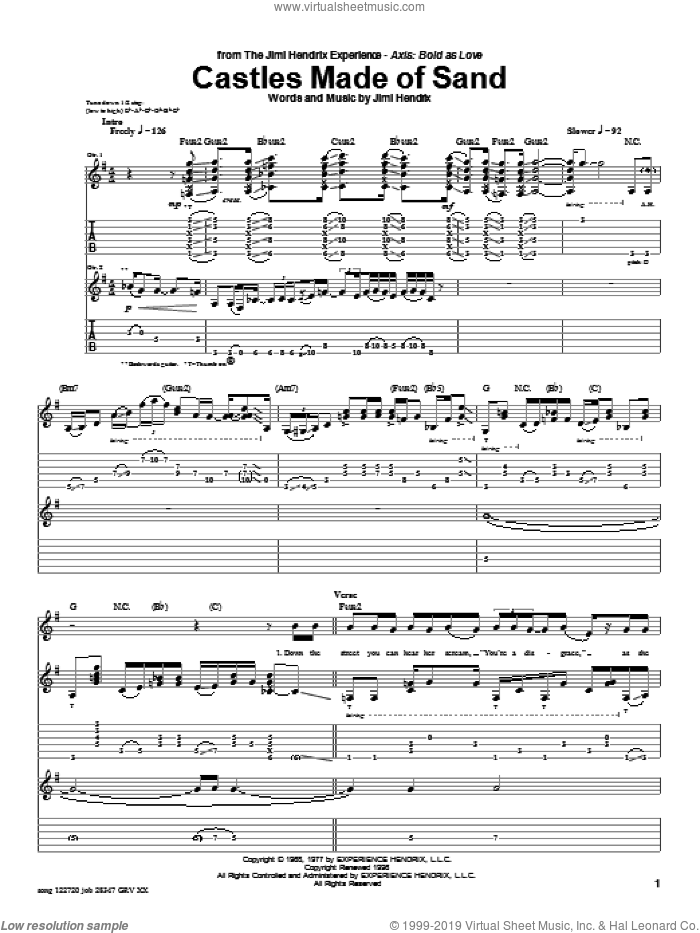 Castles Made Of Sand sheet music for guitar (tablature) by Jimi Hendrix and Red Hot Chili Peppers, intermediate skill level