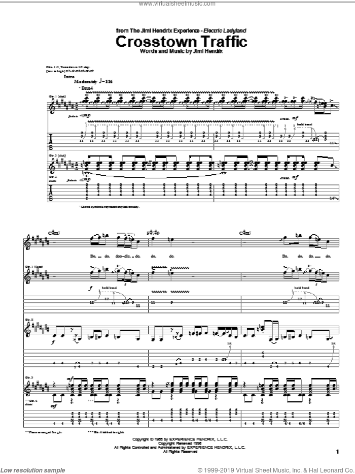 Crosstown Traffic sheet music for guitar (tablature) by Jimi Hendrix, intermediate skill level