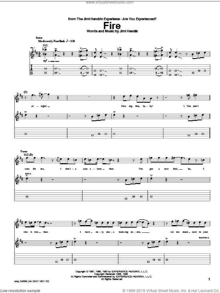 Fire sheet music for guitar (tablature) by Jimi Hendrix, Alice Cooper and Red Hot Chili Peppers, intermediate skill level