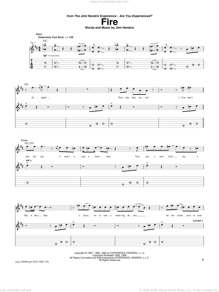 Fire sheet music for guitar (tablature) by Jimi Hendrix, Alice Cooper and Red Hot Chili Peppers, intermediate skill level