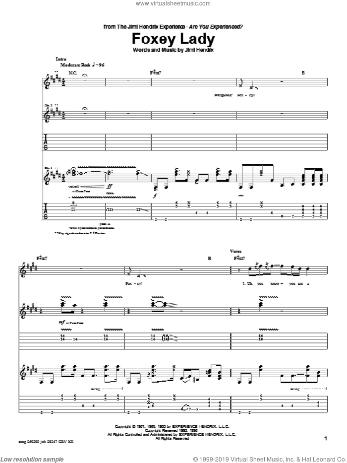 Foxey Lady sheet music for guitar (tablature) by Jimi Hendrix and Eric Gales, intermediate skill level