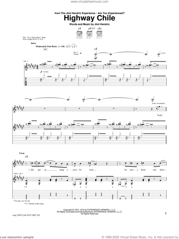 Highway Chile sheet music for guitar (tablature) by Jimi Hendrix and Paul Gilbert, intermediate skill level