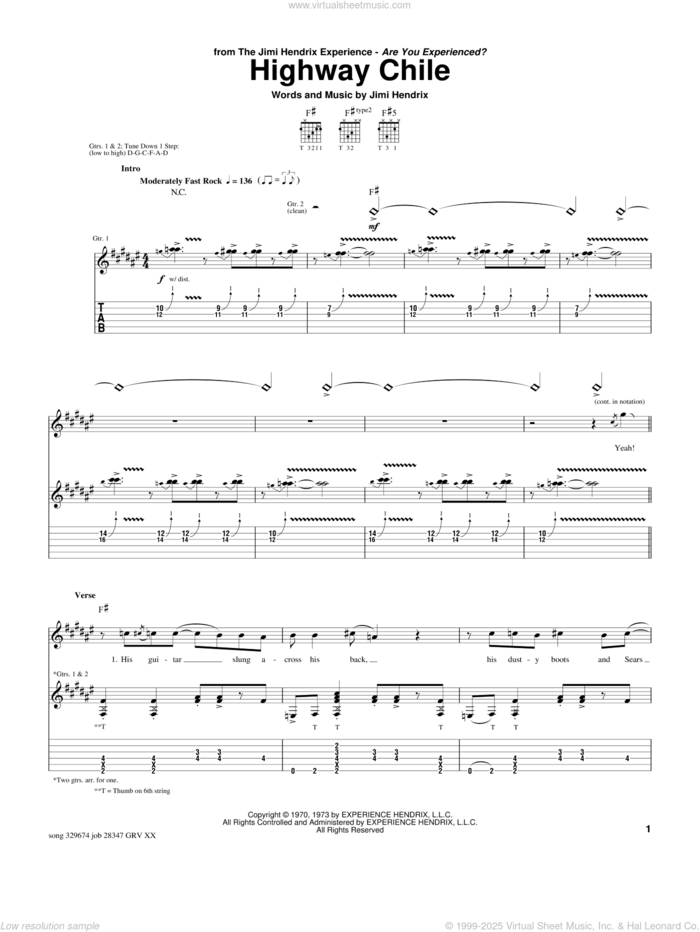 Highway Chile sheet music for guitar (tablature) by Jimi Hendrix and Paul Gilbert, intermediate skill level