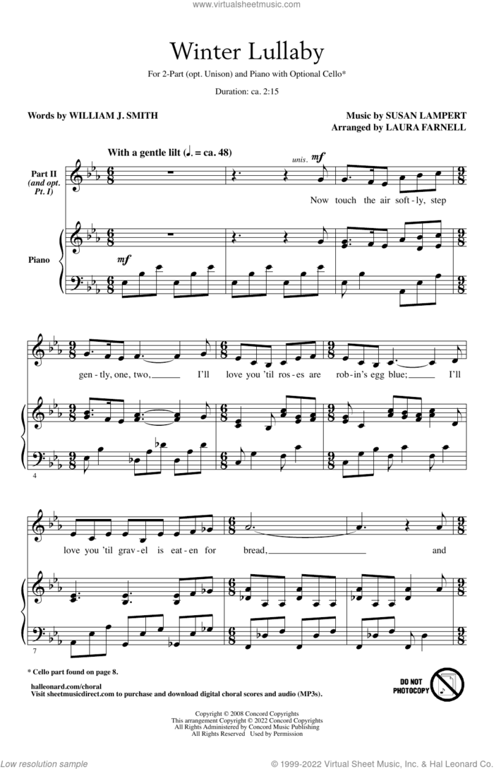 Winter Lullaby (arr. Laura Farnell) sheet music for choir (2-Part) by William J. Smith and Susan Lampert, Laura Farnell, Susan Lampert and William J. Smith, intermediate duet