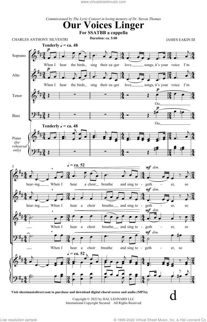 Our Voices Linger sheet music for choir (SATB: soprano, alto, tenor, bass) by James Eakin III and Charles Anthony Silvestri and James Eakin III and Charles Anthony Silvestri, intermediate skill level