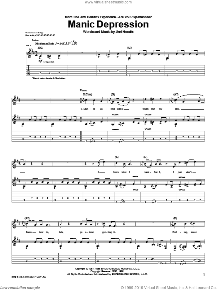 Manic Depression sheet music for guitar (tablature) by Jimi Hendrix, Jeff Beck and Stevie Ray Vaughan, intermediate skill level