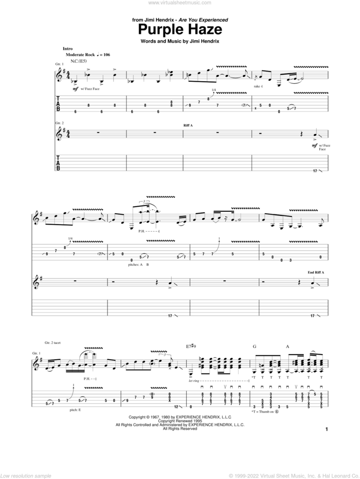 Purple Haze sheet music for guitar (tablature) by Jimi Hendrix, Paul Gilbert and Winger, intermediate skill level