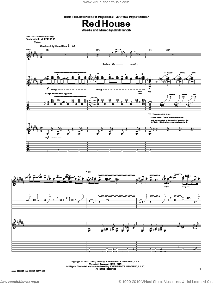 Red House sheet music for guitar (tablature) by Jimi Hendrix, Buddy Guy and Buddy Miles, intermediate skill level