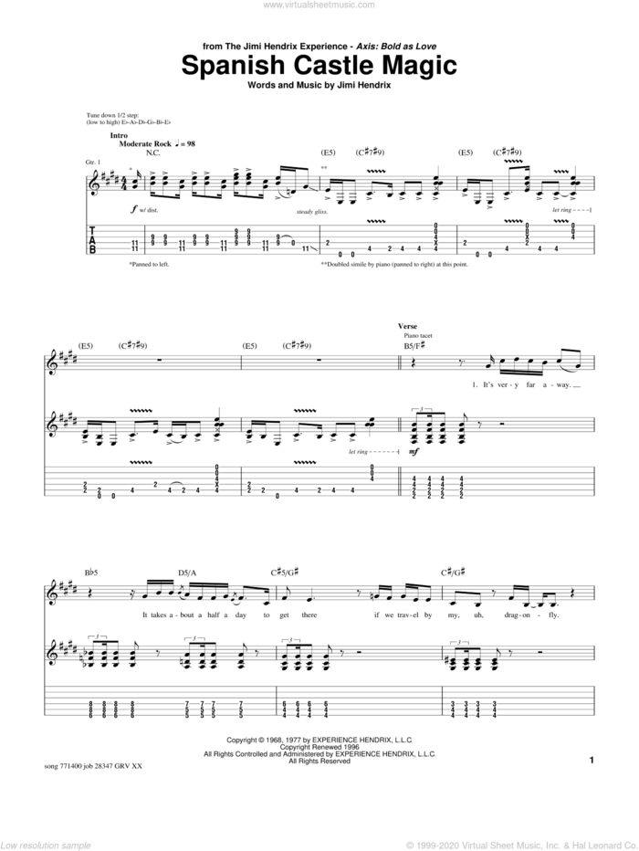 Spanish Castle Magic sheet music for guitar (tablature) by Jimi Hendrix, Greg Koch and Yngwie Malmsteen, intermediate skill level