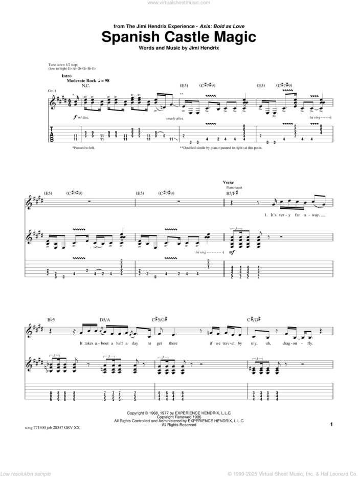 Spanish Castle Magic sheet music for guitar (tablature) by Jimi Hendrix, Greg Koch and Yngwie Malmsteen, intermediate skill level