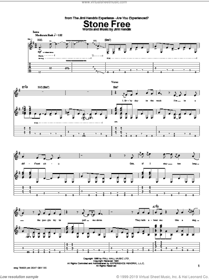 Stone Free sheet music for guitar (tablature) by Jimi Hendrix, Eric Clapton and Paul Rodgers, intermediate skill level