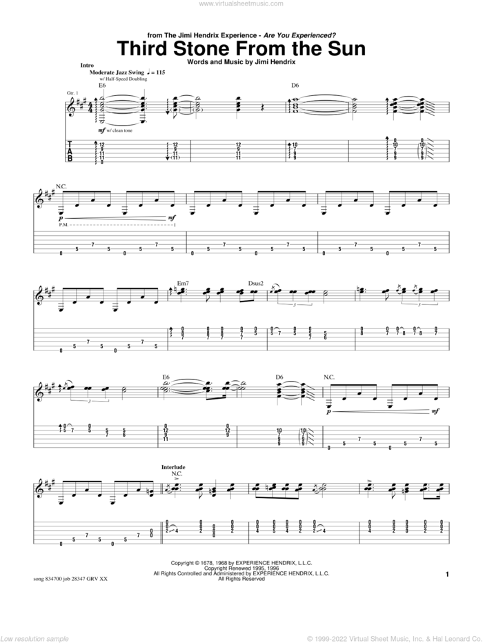 Third Stone From The Sun sheet music for guitar (tablature) by Jimi Hendrix, Pat Metheny and Stevie Ray Vaughan, intermediate skill level