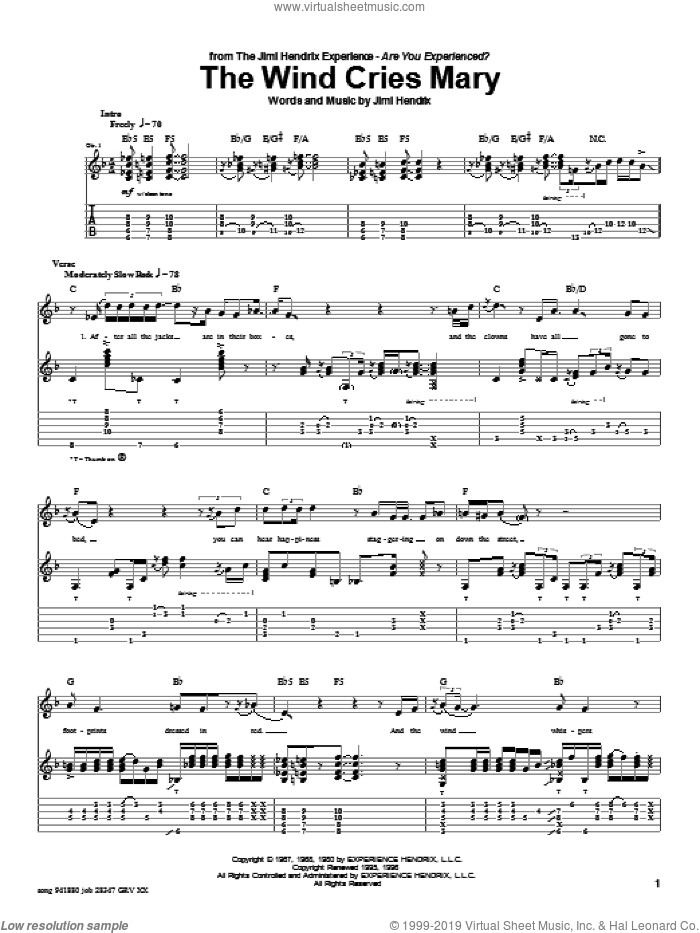 The Wind Cries Mary sheet music for guitar (tablature) by Jimi Hendrix, John Mayer and Pat Boone, intermediate skill level