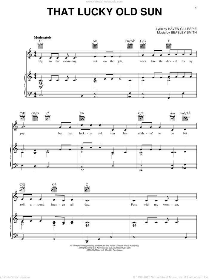 That Lucky Old Sun (Just Rolls Around Heaven All Day) sheet music for voice, piano or guitar by Johnny Cash, Beasley Smith and Haven Gillespie, intermediate skill level