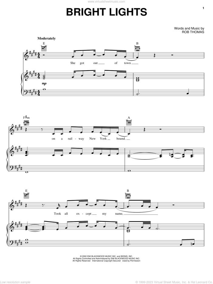 Bright Lights sheet music for voice, piano or guitar by Matchbox Twenty, Matchbox 20 and Rob Thomas, intermediate skill level