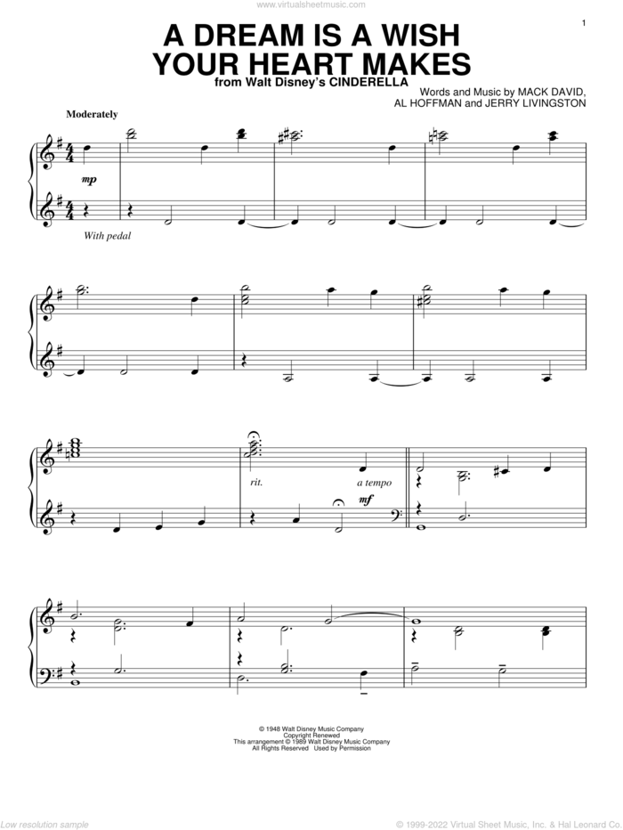 A Dream Is A Wish Your Heart Makes (from Cinderella), (intermediate) sheet music for piano solo by Al Hoffman, Ilene Woods, Linda Ronstadt, Jerry Livingston and Mack David, wedding score, intermediate skill level