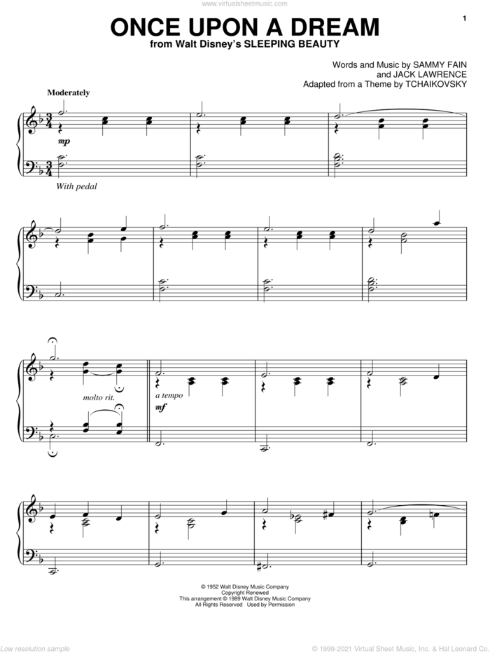 Once Upon A Dream, (intermediate) sheet music for piano solo by Sammy Fain and Jack Lawrence, intermediate skill level